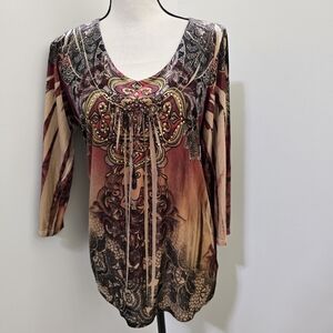 y2k size Petite Large Velvet 3/4 Sleeve Pailsey Western Rhinestone Top dressbarn